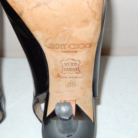 Jimmy Choo 36 6 Black Patent Peeptoe Slingback Heels Shoes Pumps Authentic - Picture 11 of 11